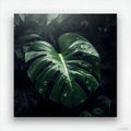 Close-up of Monstera with raindrops, picture on white wall, generative AI. Royalty Free Stock Photo
