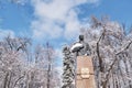 Close up of monument-bust to Panfilov in Park named after 28 Panfilov guardsmen, Almaty, Kazakhstan