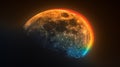 A close up of the moon with a rainbow colored glow, AI