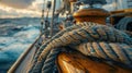 Close-up of a mooring rope with a knotted end tied around a cleat on a wooden pier/ Nautical mooring rope. Royalty Free Stock Photo