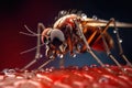 Close-up of a mosquito biting human skin, generative ai