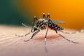 Close up of a mosquito on human skin, highlighting a nuisance