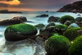 Nature Seascape with Rocks Covered by Green Mosses, Silky Water in Little Sunlight at Sunrise