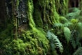 close-up of moss-covered tree trunk and ferns