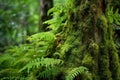 close-up of moss-covered tree trunk and ferns