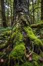 Tree Trunk Base Covered in Moss and Small Mushrooms in the Pacific Northwest Forest Royalty Free Stock Photo