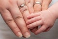 loving parents hands overlapping with their baby's hand on top Royalty Free Stock Photo