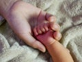 Close up mother hand hold her babys tiny hand. Concept of child care, feeling safe, parent love