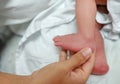Close up mother hand holding newborn baby feet Royalty Free Stock Photo