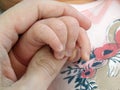 Close up of mother hand holding tiny baby hand with care Royalty Free Stock Photo