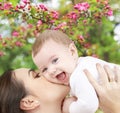 Close up of mother kissing baby over garden Royalty Free Stock Photo