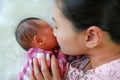 Close up mother nice-smelling hand of newborn baby boy and lying on the bed Royalty Free Stock Photo