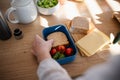 Close-up of mother preparing snack to lunch box in kitchen at home. Royalty Free Stock Photo