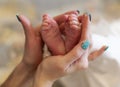 Close-up of mothers hands and baby`s little feet. Royalty Free Stock Photo