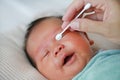 Close up mother use cotton bud to clean baby eyes