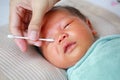 Close up mother use cotton bud to clean baby eyes