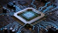 Close-up of motherboard with CPU and glowing traces â AI content Royalty Free Stock Photo