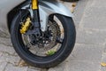 Close up of motorcycle front wheel Royalty Free Stock Photo