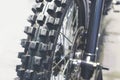 Close up of motorcycle wheel, focus tyre Royalty Free Stock Photo