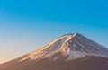 Close-up of Mount Fuji view with Lake Kawaguchi and clear blue sky background in Kawaguchiko, Japan.Peak of Fuji mountain cover wi Royalty Free Stock Photo