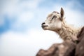 close-up of mountain goat on rocky ledge with sky background Royalty Free Stock Photo