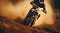 Close-up of mountain motocross race in dirt track in day time. Concept focus of during an acceleration in action sport 8k