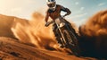 a close-up of a daytime mountain motocross race on a dirt course. Action sport 8k concept focus on during an acceleration