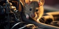 Close-up of a mouse inside a car engine eating and biting the cables and creating rodent wiring damages