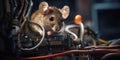 Close-up of a mouse inside a machine or an engine looking at the cables before biting and eating them