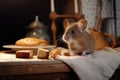 close-up of a mouse near a loaf of bread on a kitchen table