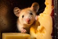 close-up of a mouse nibbling on a chunk of cheese inside a fridge