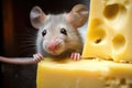 close-up of a mouse nibbling on a chunk of cheese inside a fridge