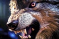 Close-up of the mouth of an angry wolf baring its teeth aggressively, made with generative ai