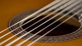 Close-up of the strings of a classical acoustic guitar