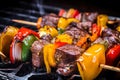 Close-up of a mouth-watering Churrasco skewer loaded with colorful vegetables and marinated beef