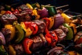 Close-up of a mouth-watering Churrasco skewer loaded with colorful vegetables and marinated beef