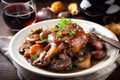 Close-up of mouth-watering Coq au Vin, a classic French dish with tender chicken cooked in red wine, mushrooms, and bacon