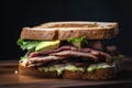 Close-up of a mouth-watering roast beef sandwich with crispy bacon and creamy avocado on toasted sourdough bread Royalty Free Stock Photo