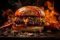 Close up of mouthwatering burger in cozy evening setting, food photography in interior ambiance