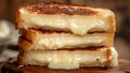Close up of mouthwatering cheese sandwich perfectly melted on rustic wooden board