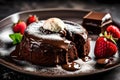 A close-up of a mouthwatering chocolate lava cake with a gooey center