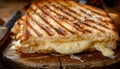 Close up of mouthwatering grilled cheese sandwich on a rustic wooden serving board