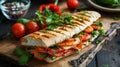 Close up of mouthwatering melted cheese sandwich on a rustic wooden serving board