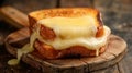 Close up of a mouthwatering melted cheese sandwich served on a charming rustic wooden board