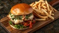 Close up of mouthwatering melted cheese sandwich on wooden board, food photography