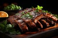 Close up of mouthwatering roasted barbecue pork ribs with succulent slices of tender meat