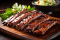 Close up of mouthwatering roasted bbq pork ribs, featuring tender and flavorful slices