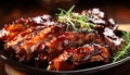 Close up of mouthwatering roasted sliced barbecue pork ribs, a delicious and tantalizing dish