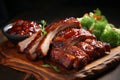 Close up of mouthwatering roasted sliced barbecue pork ribs, with succulent and flavorful meat