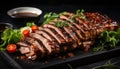 Close up of mouthwatering roasted sliced barbecue pork ribs, with succulent and tender meat